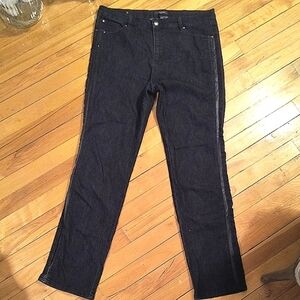 Simon Chang Black Denim Jeans With Black Leather Details On The Sides. Size 14.